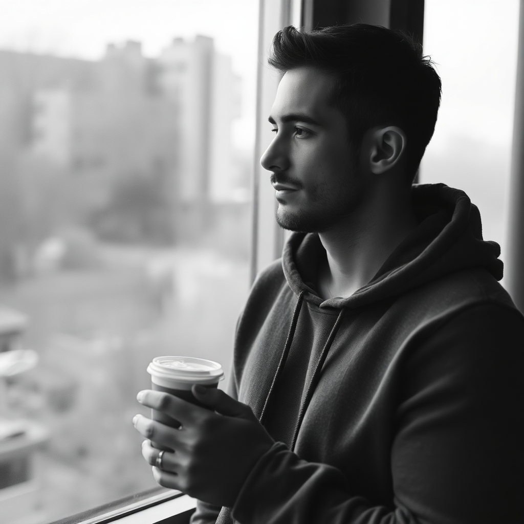 Author looking thoughtfully out a window while holding a coffee, wearing a hoodie - the quintessential ebook entrepreneur aesthetic